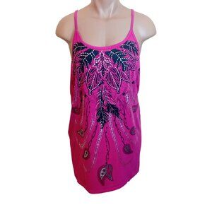 Y2K Roman PlusSize Tank Top Crochet Back Casual Beach Summer Hot Pink Feather 1X